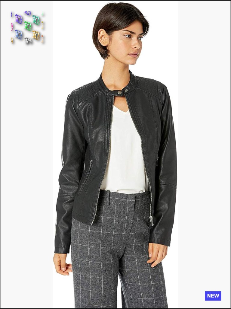 Faux Leather Moto Jacket Edgy Stitching Zip Pockets Stretch Panels